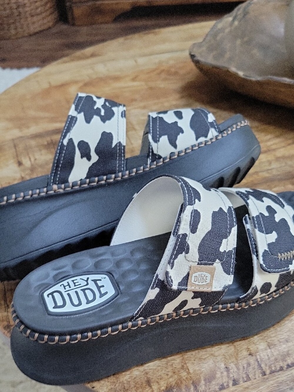 Hey Dude Black & White Cow-Pattern Platform Sandals - Picture 4 of 7
